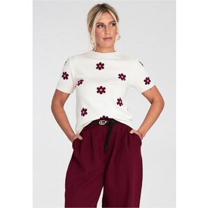 Pulover dama - ecru - cu maneci scurte - model floral roz - material tricotaj sintetic imagine