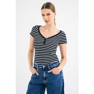 Tricou slim fit cu decolteu in V si striatii - Alb optic/Bleumarin imagine
