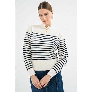 Pulover din amestec de bumbac organic cu fenta cu nasturi si dungi - Alb/Bleumarin imagine