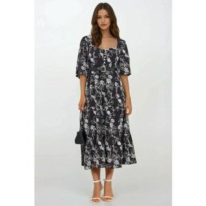 Rochie maxi - brodata - decolteu inima - maneci bufante - neagra - textil - Negru imagine