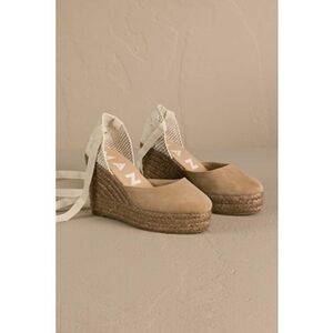Sandale wedge de piele cu bareta infasurabila - Alb fildes/Maro taupe deschis imagine