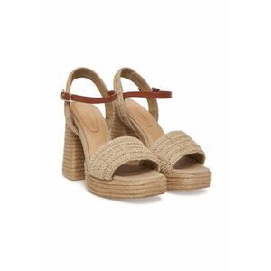 Sandale cu toc dama - material textil - bej - imagine