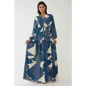 Rochie maxi viscoza - imprimeu - maneca lunga - Albastru marin imagine