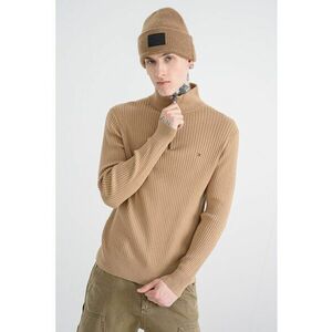 Pulover din amestec de bumbac organic cu striatii si fenta cu fermoar - Maro deschis imagine