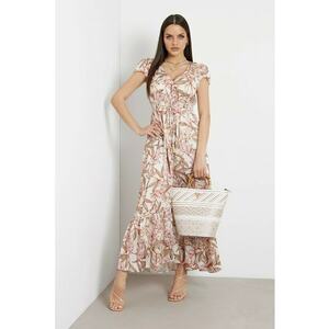 Rochie maxi evazata cu slit frontal - Maro taupe deschis/Roz/Crem imagine
