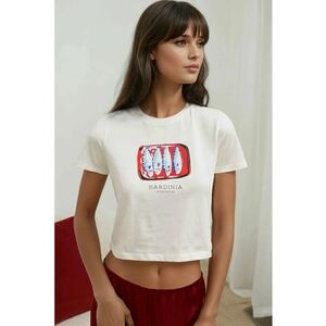 Tricou dama scurt - imprimat - alb - bumbac - Albastru imagine