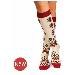 Sosete dama lungi 3/4 din bumbac cu motive traditionale romanesti Ecru imagine