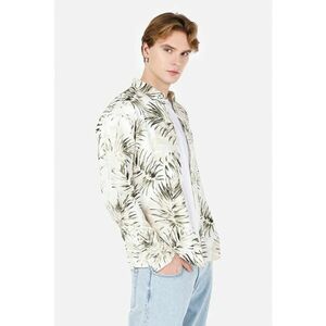 Camasa din amestec de in cu imprimeu tropical - Kaki/Crem imagine