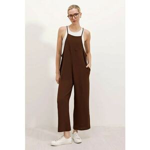 Salopeta dama Relaxed Fit - decolteu patrat - poliester - Maro - imagine