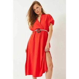 Rochie midi - HiCCUP - decolteu in V - curea - rosu - bumbac/poliester imagine