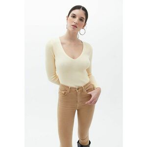 Pulover uni slim fit cu decolteu in V - Crem imagine