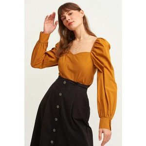 Bluza de bumbac cu maneci bufante si decolteu sweetheart - Portocaliu stins imagine