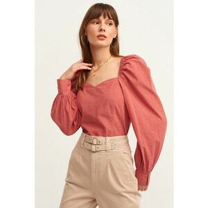 Bluza de bumbac cu maneci bufante si decolteu sweetheart - Coral imagine