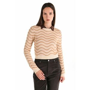 Pulover cu decolteu la baza gatului si model in dungi - Bej imagine