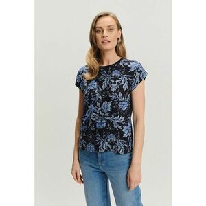 Tricou cu model floral si decolteu la baza gatului - Albastru ultramarin/Albastru imagine