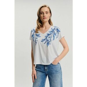Tricou din amestec de modal cu imprimeu floral si decolteu in V - Alb/Albastru imagine