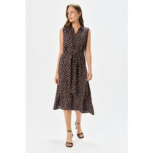 Rochie midi cu model si cordon in talie - Negru/Maro scortisoara imagine