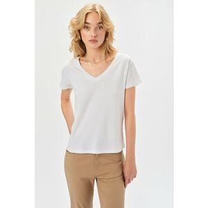 Tricou de bumbac cu decolteu in V - Alb optic imagine