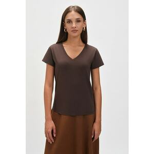Tricou de bumbac cu decolteu in V - Maro inchis imagine