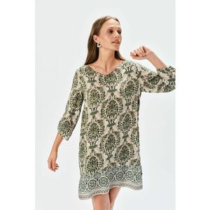 Rochie cu guler tunica si motive orientale - Verde englez/Alb murdar/Roz prafuit imagine