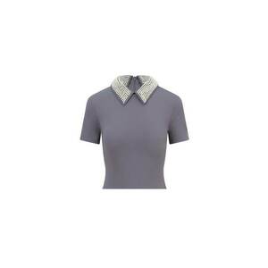 Tricou cu guler decorat cu perle artificiale - Gri imagine