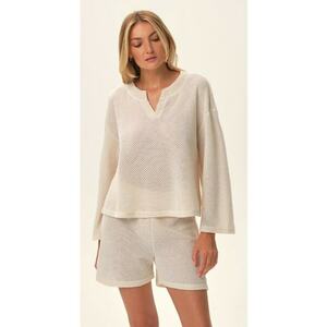 Set pentru femei bluza cu maneca lunga si pantaloni scurti cu talie inalta - poliester - casual - crem imagine