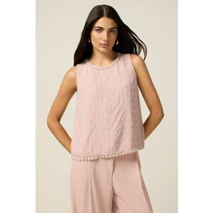 Bluza fara maneci cu perle sintetice - Alb/Roz pastel imagine