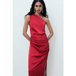 Rochie midi satinata cu decolteu pe un umar si detaliu drapat - Fucsia imagine
