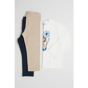 Set de bluza de bumbac si colanti - 3 piese - Alb fildes/Maro nisip/Bleumarin imagine