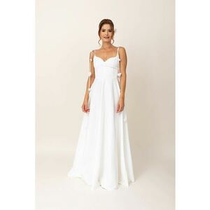Rochie maxi evazata cu detalii florale - Alb imagine