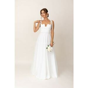 Rochie maxi evazata cu funde pe umeri - Alb imagine