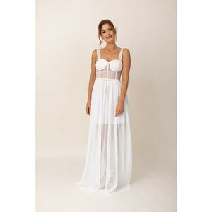 Rochie lunga evazata cu detalii semitransparente - Alb/Transparent imagine