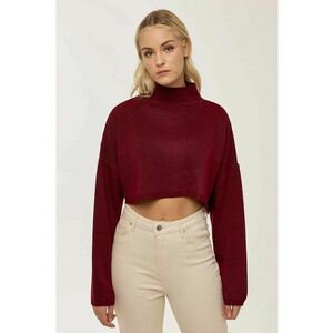 Pulover dama - scurt cu guler inalt - dungi - rosu - tricot imagine
