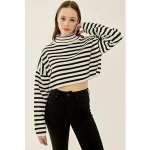 Pulover dama - scurt cu guler inalt - dungi - negru - acril imagine