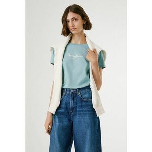 Tricou din bumbac cu decolteu la baza gatului si detaliu cu logo pe piept - Turcoaz imagine