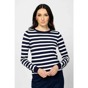 Pulover cu decolteu rotund si model in dungi - Alb/Bleumarin imagine