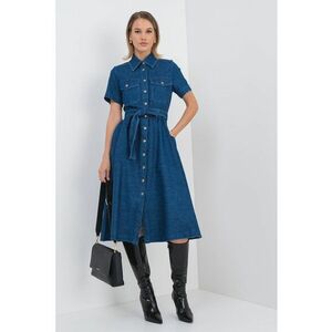 Rochie-camasa midi din denim - evazata cu cordon - Albastru inchis imagine