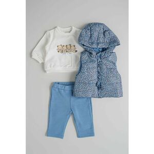 Set de bluza - pantaloni si vesta cu model - 3 piese - Alb fildes/Maro/Albastru lavanda imagine