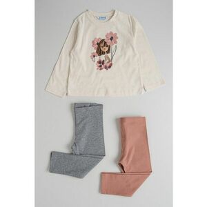 Set de bluza de bumbac si colanti - 3 piese - Alb/Gri melange/Roz prafuit imagine