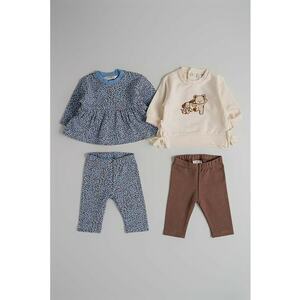 Set de bluze si pantaloni din bumbac - 4 piese - Alb fildes/Maro/Albastru lavanda imagine