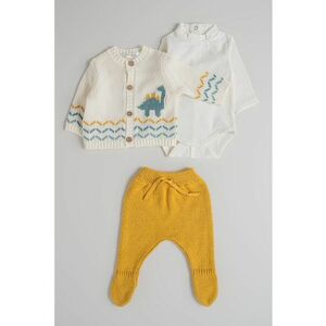Set de cardigan tricotat - pantaloni cu captuseala si salopeta - 3 piese - Alb/Galben sofran/Verde persan imagine