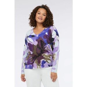 Pulover cu decolteu in V si imprimeu floral - Alb/Violet/Kaki inchis imagine