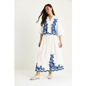 Set costume dama - HiCCUP - camasa supradimensionata - maneci 3/4 - pantaloni largi - alb/albastru - textil imagine