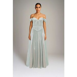 Rochie maxi cu decolteu pe umeri - Albastru glaciar imagine