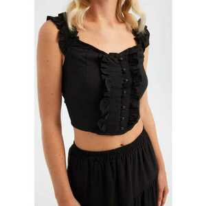 Top scurt din bumbac decolteu in forma de inima - volane - negru imagine