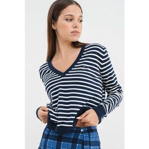 Pulover din bumbac organic cu decolteu in V - Alb/Bleumarin imagine