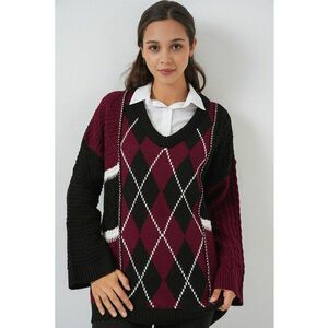 Pulover dama croiala lejera - decolteu in V - model geometric - tricot - Rosu Burgund - imagine