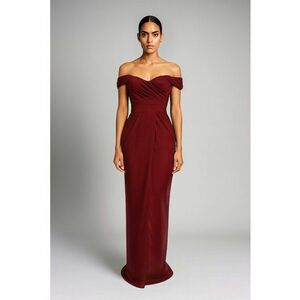 Rochie maxi drapata cu decolteu pe umeri - Visiniu imagine
