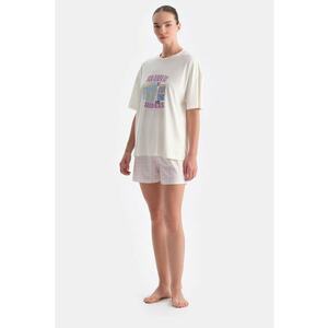 Pijama scurta din amestec de modal cu snur de ajustare in talie - Alb fildes/Roz imagine