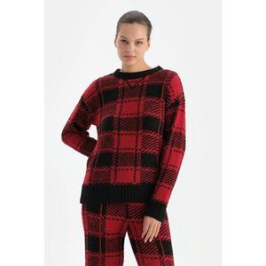 Pulover cu decolteu la baza gatului si model in carouri - Rosu/Negru imagine